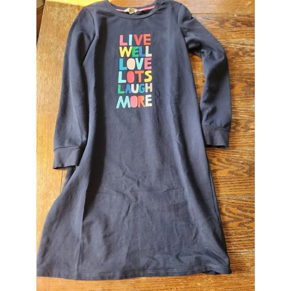 BODEN NAVY BLUE SWEATSHIRT DRESS LIVE WELL LOVE LOTS LAUGH MORE sz 4